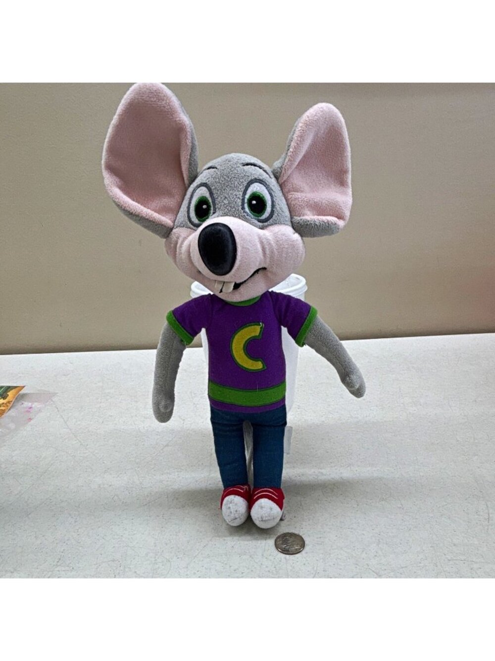 Chuck E. Cheese Mouse Plush Advertising Doll Gray w/ Purple "C" Shirt